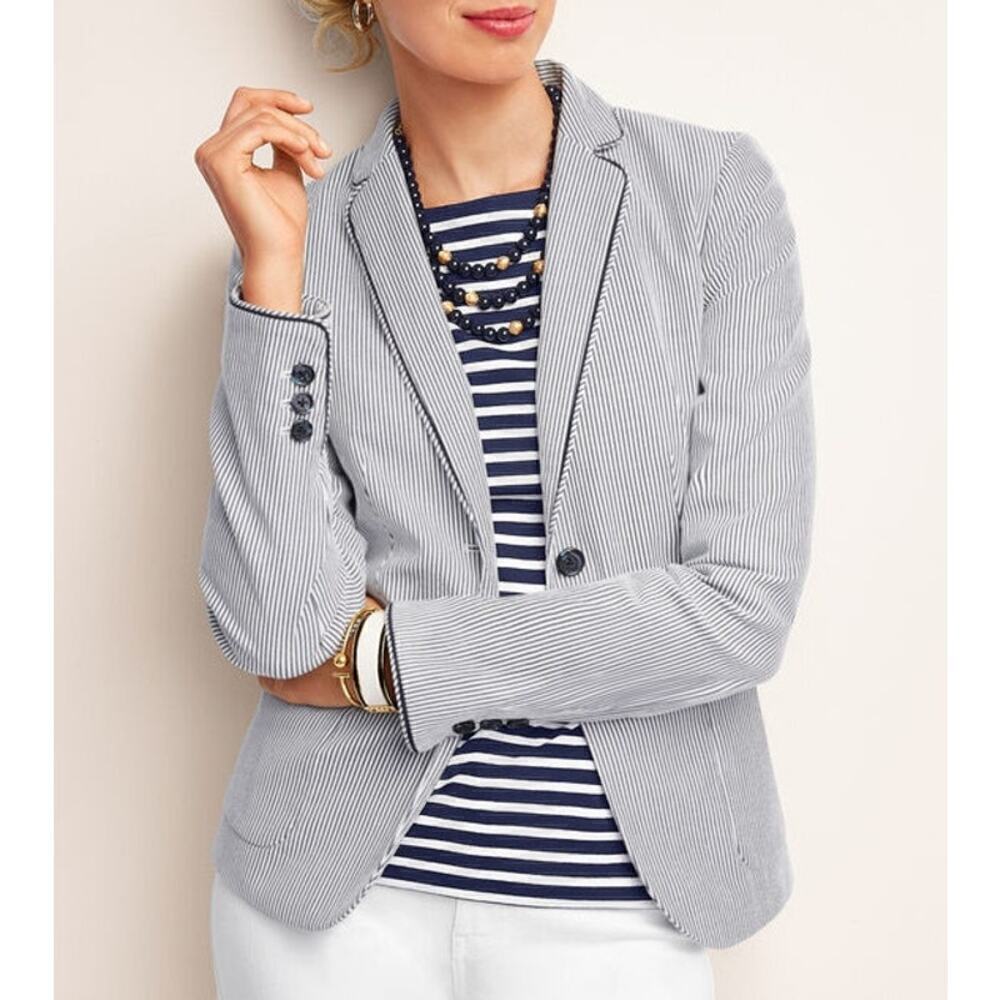 Talbots Stripe‎ Piped Blazer Jacket in Black and White Cotton Stretch, Size 4